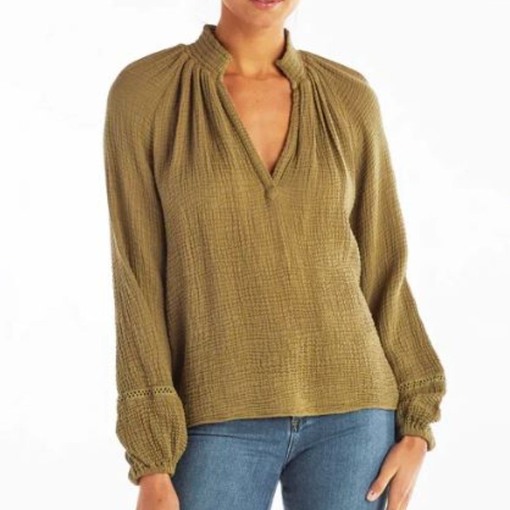 NWT Red Haute Smocked Neck Blouson Sleeve Gauze Top - Army - Size XS